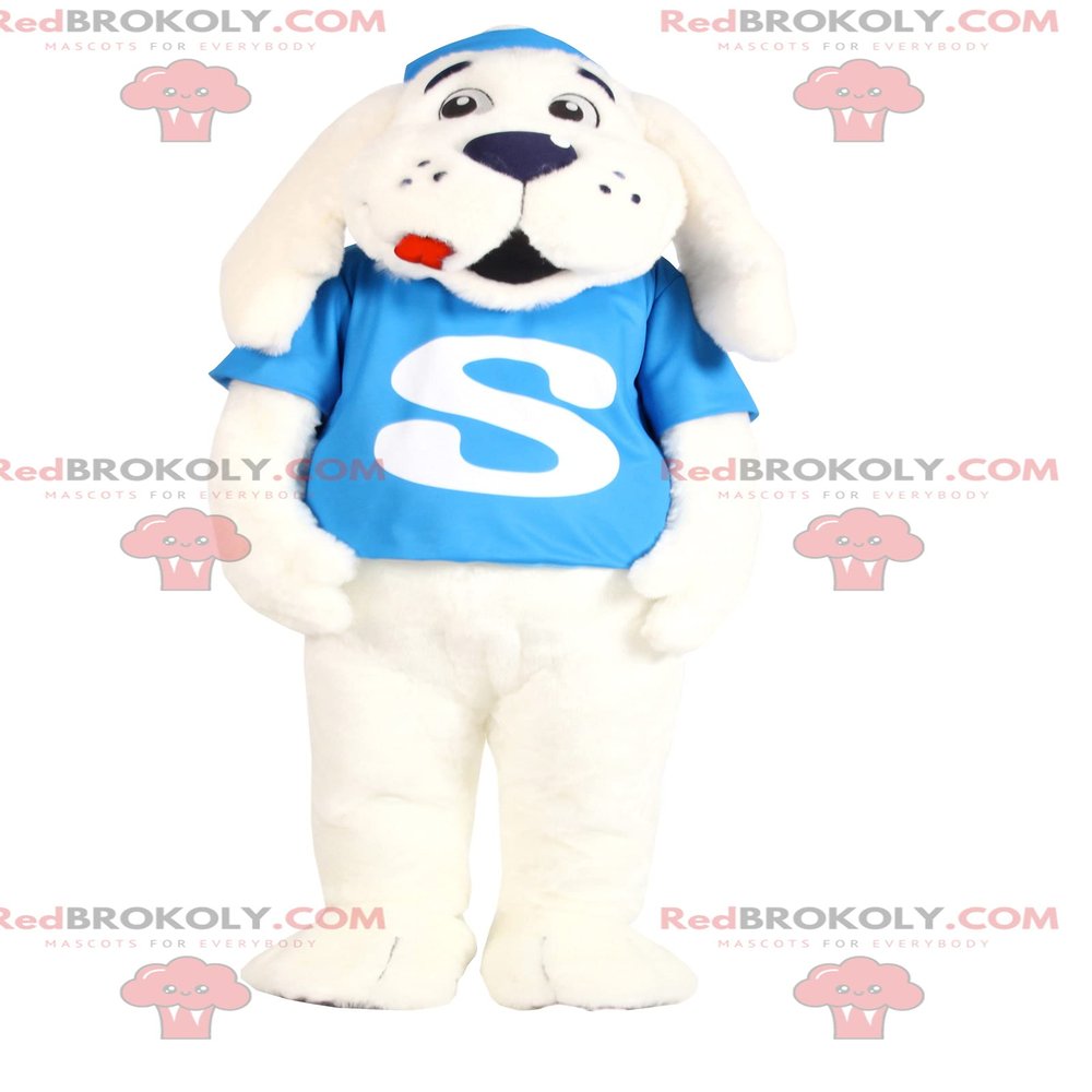 SPOTSOUND White dog REDBROKOLY Mascot with a turquoise jersey