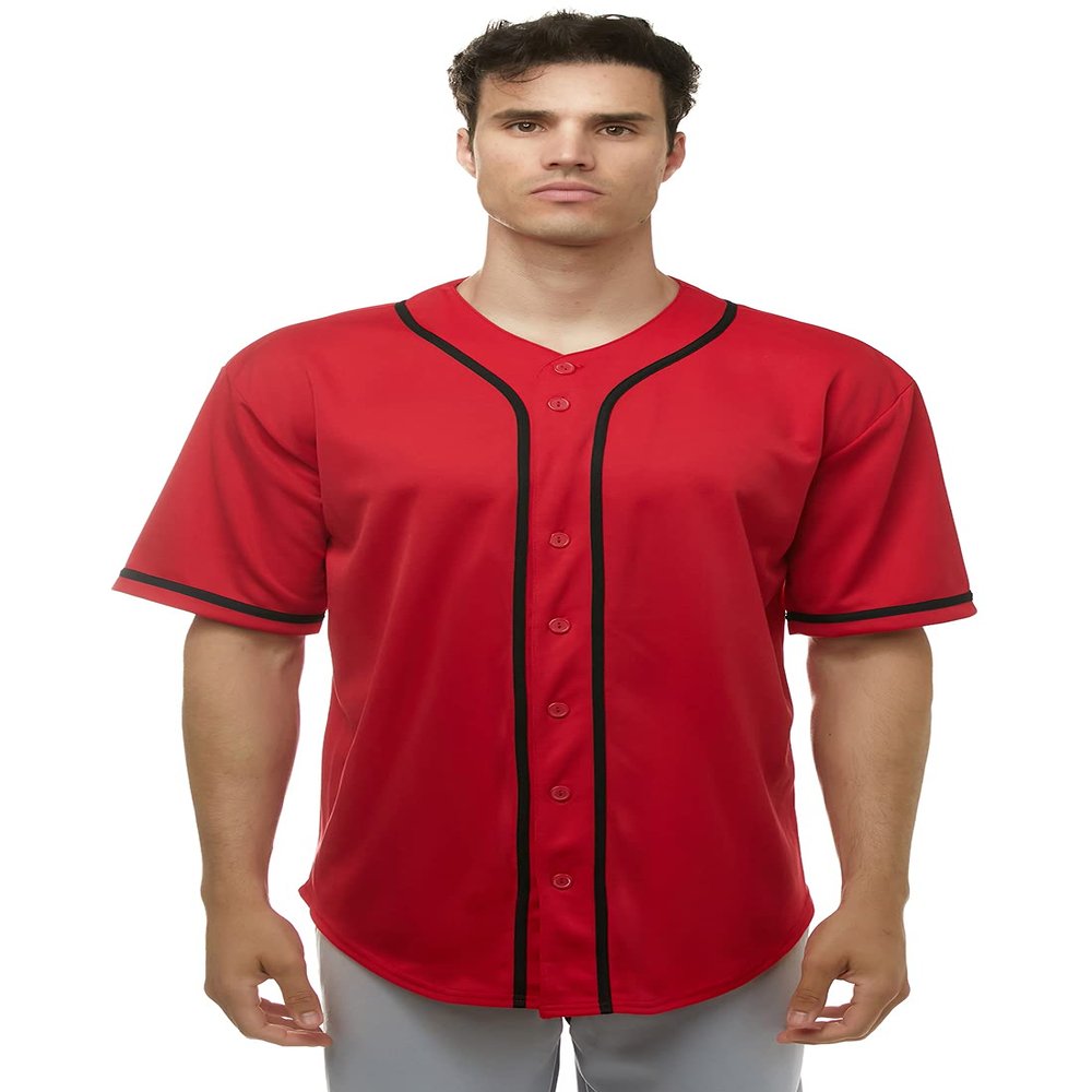 JC DISTRO Men's Short Sleeve Plain Button Down Baseball Jersey Team Jersey Red Medium