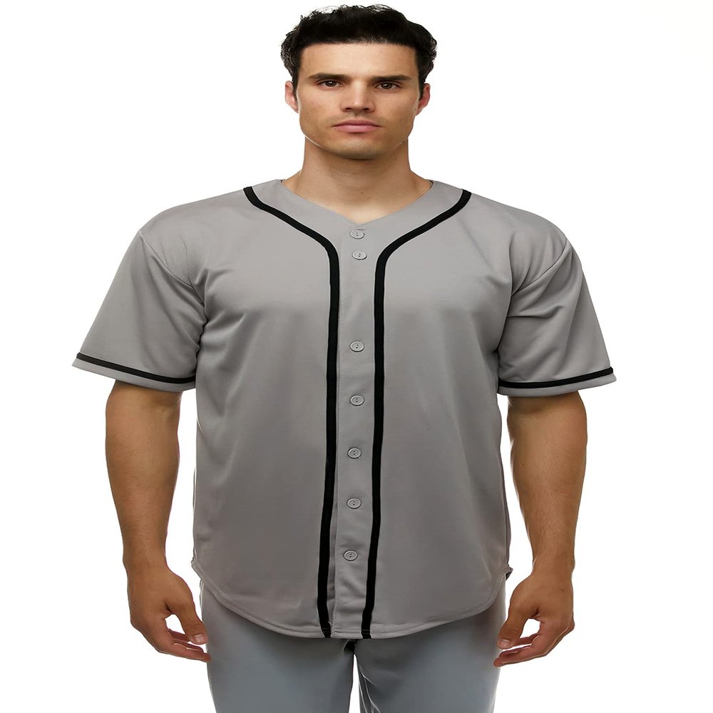 JC DISTRO Men's Short Sleeve Plain Button Down Baseball Jersey Team Jersey Grey Large