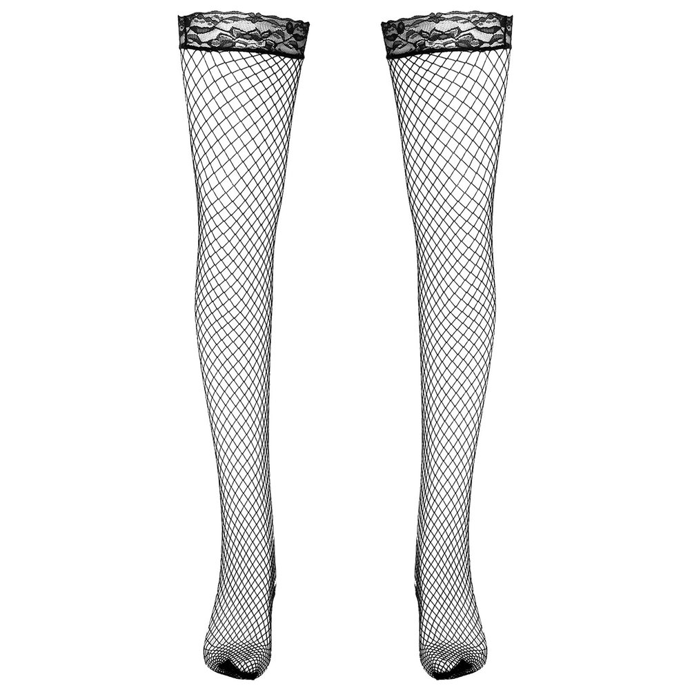Alvivi Mens Sexy Fishnet Pantyhose Lace Trim Top Thin High Stockings Tight Leggings Lingerie Black One Size