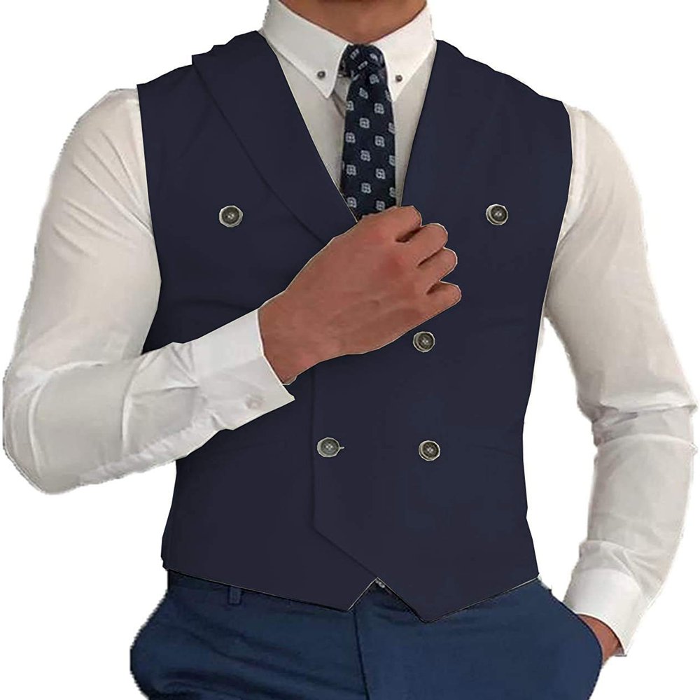 Profan Mens Suit Peak Lapel Slim Fit Suit Vest Double Breasted White Suit Waistcoat(Navy,XX-Large)