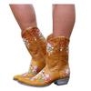 Hbeylia Vintage Ethnic Cowboys Boots For Women Boho Retro Flower Embroidered Pointed Toe Leather Western Cowgirls Boots Bohemian Chunky Mid Heels Wide Mid Calf Booties For Ladies Dress view 1
