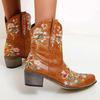 Hbeylia Vintage Ethnic Cowboys Boots For Women Boho Retro Flower Embroidered Pointed Toe Leather Western Cowgirls Boots Bohemian Chunky Mid Heels Wide Mid Calf Booties For Ladies Dress view 3