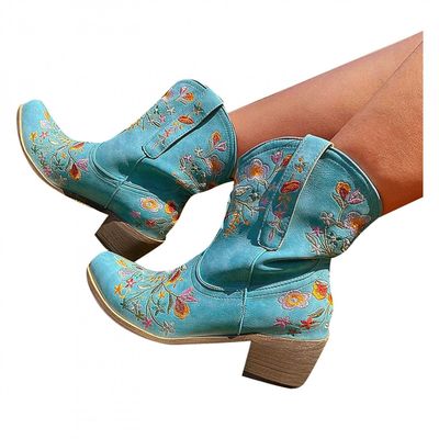 Hbeylia Vintage Ethnic Cowboys Boots For Women Boho Retro Flower Embroidered Pointed Toe Leather Western Cowgirls Boots Bohemian Chunky Mid Heels Wide Mid Calf Booties For Ladies Dress