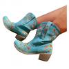 Hbeylia Vintage Ethnic Cowboys Boots For Women Boho Retro Flower Embroidered Pointed Toe Leather Western Cowgirls Boots Bohemian Chunky Mid Heels Wide Mid Calf Booties For Ladies Dress view 1