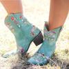 Hbeylia Vintage Ethnic Cowboys Boots For Women Boho Retro Flower Embroidered Pointed Toe Leather Western Cowgirls Boots Bohemian Chunky Mid Heels Wide Mid Calf Booties For Ladies Dress view 2