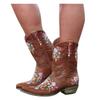 Hbeylia Vintage Ethnic Cowboys Boots For Women Boho Retro Flower Embroidered Pointed Toe Leather Western Cowgirls Boots Bohemian Chunky Mid Heels Wide Mid Calf Booties For Ladies Dress view 1