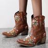 Hbeylia Vintage Ethnic Cowboys Boots For Women Boho Retro Flower Embroidered Pointed Toe Leather Western Cowgirls Boots Bohemian Chunky Mid Heels Wide Mid Calf Booties For Ladies Dress view 3