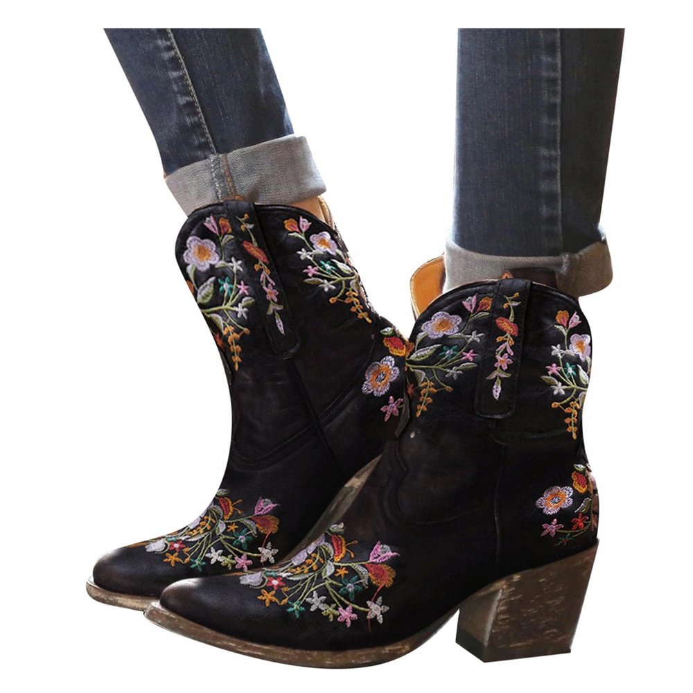 Hbeylia Vintage Ethnic Cowboys Boots For Women Boho Retro Flower Embroidered Pointed Toe Leather Western Cowgirls Boots Bohemian Chunky Mid Heels Wide Mid Calf Booties For Ladies Dress