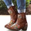 Hbeylia Vintage Ethnic Cowboys Boots For Women Boho Retro Flower Embroidered Pointed Toe Leather Western Cowgirls Boots Bohemian Chunky Mid Heels Wide Mid Calf Booties For Ladies Dress view 2