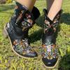 Hbeylia Vintage Ethnic Cowboys Boots For Women Boho Retro Flower Embroidered Pointed Toe Leather Western Cowgirls Boots Bohemian Chunky Mid Heels Wide Mid Calf Booties For Ladies Dress view 2