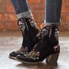 Hbeylia Vintage Ethnic Cowboys Boots For Women Boho Retro Flower Embroidered Pointed Toe Leather Western Cowgirls Boots Bohemian Chunky Mid Heels Wide Mid Calf Booties For Ladies Dress view 3