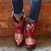 Hbeylia Vintage Ethnic Cowboys Boots For Women Boho Retro Flower Embroidered Pointed Toe Leather Western Cowgirls Boots Bohemian Chunky Mid Heels Wide Mid Calf Booties For Ladies Dress view 3