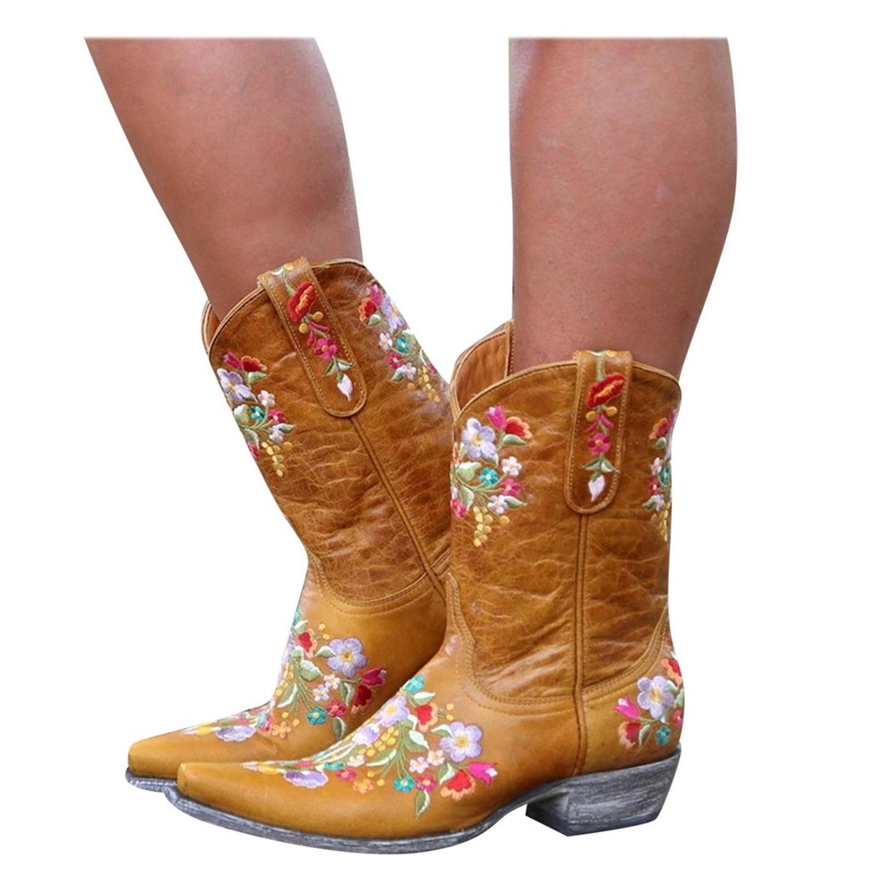Hbeylia Vintage Ethnic Cowboys Boots For Women Boho Retro Flower Embroidered Pointed Toe Leather Western Cowgirls Boots Bohemian Chunky Mid Heels Wide Mid Calf Booties For Ladies Dress