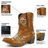 Hbeylia Vintage Ethnic Cowboys Boots For Women Boho Retro Flower Embroidered Pointed Toe Leather Western Cowgirls Boots Bohemian Chunky Mid Heels Wide Mid Calf Booties For Ladies Dress view 4