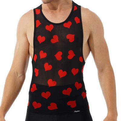 Freebily Men's Heart Print Mesh Tank Top Round Neck Sleeveless T-Shirt Vest Tops Summer Streetwear Black X-Large