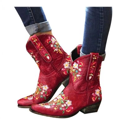 Hbeylia Vintage Ethnic Cowboys Boots For Women Boho Retro Flower Embroidered Pointed Toe Leather Western Cowgirls Boots Bohemian Chunky Mid Heels Wide Mid Calf Booties For Ladies Dress