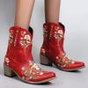 Hbeylia Vintage Ethnic Cowboys Boots For Women Boho Retro Flower Embroidered Pointed Toe Leather Western Cowgirls Boots Bohemian Chunky Mid Heels Wide Mid Calf Booties For Ladies Dress view 2