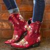 Hbeylia Vintage Ethnic Cowboys Boots For Women Boho Retro Flower Embroidered Pointed Toe Leather Western Cowgirls Boots Bohemian Chunky Mid Heels Wide Mid Calf Booties For Ladies Dress view 4