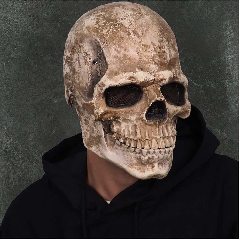 CosTribe Creepy Full Head Skull Mask with Moving Jaw Halloween Scary Latex Helmet for Cosplay Party Props (Grey)
