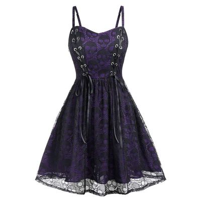 Women's Sleeveless Punk Dresses Camisole Skull Print Lace Swing Dress Halloween Spaghetti Strap Steampunk Dress Goth Clothes Purple