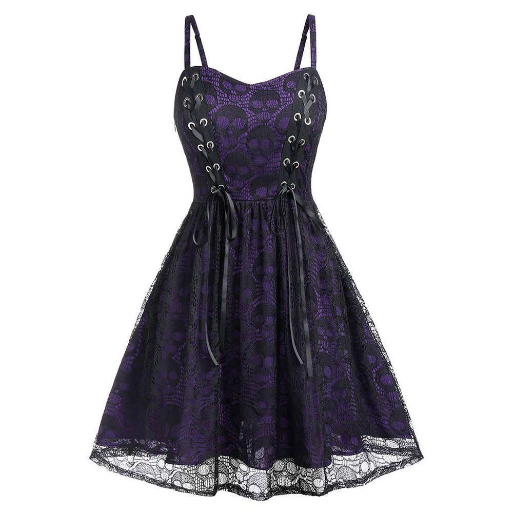 Women's Sleeveless Punk Dresses Camisole Skull Print Lace Swing Dress Halloween Spaghetti Strap Steampunk Dress Goth Clothes Purple