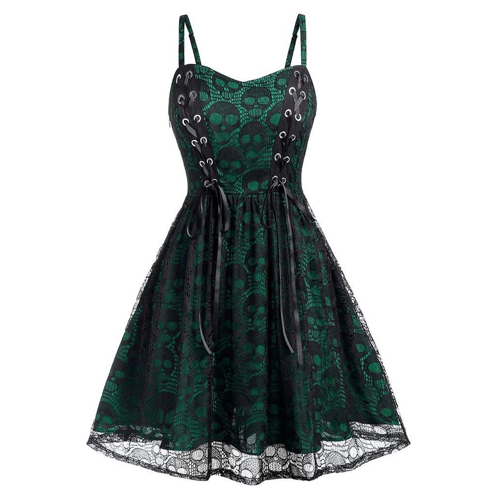 Women's Sleeveless Punk Dresses Camisole Skull Print Lace Swing Dress Halloween Spaghetti Strap Steampunk Dress Goth Clothes Green