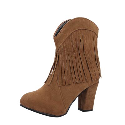 Bcshiye Women's Chunky High Heel Ankle Booties Faux Suede Pointed Toe Tassel Zip Bootie Slip on Fringe Cowboy Boots