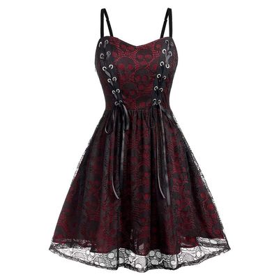 Women's Sleeveless Punk Dresses Camisole Skull Print Lace Swing Dress Halloween Spaghetti Strap Steampunk Dress Goth Clothes Wine
