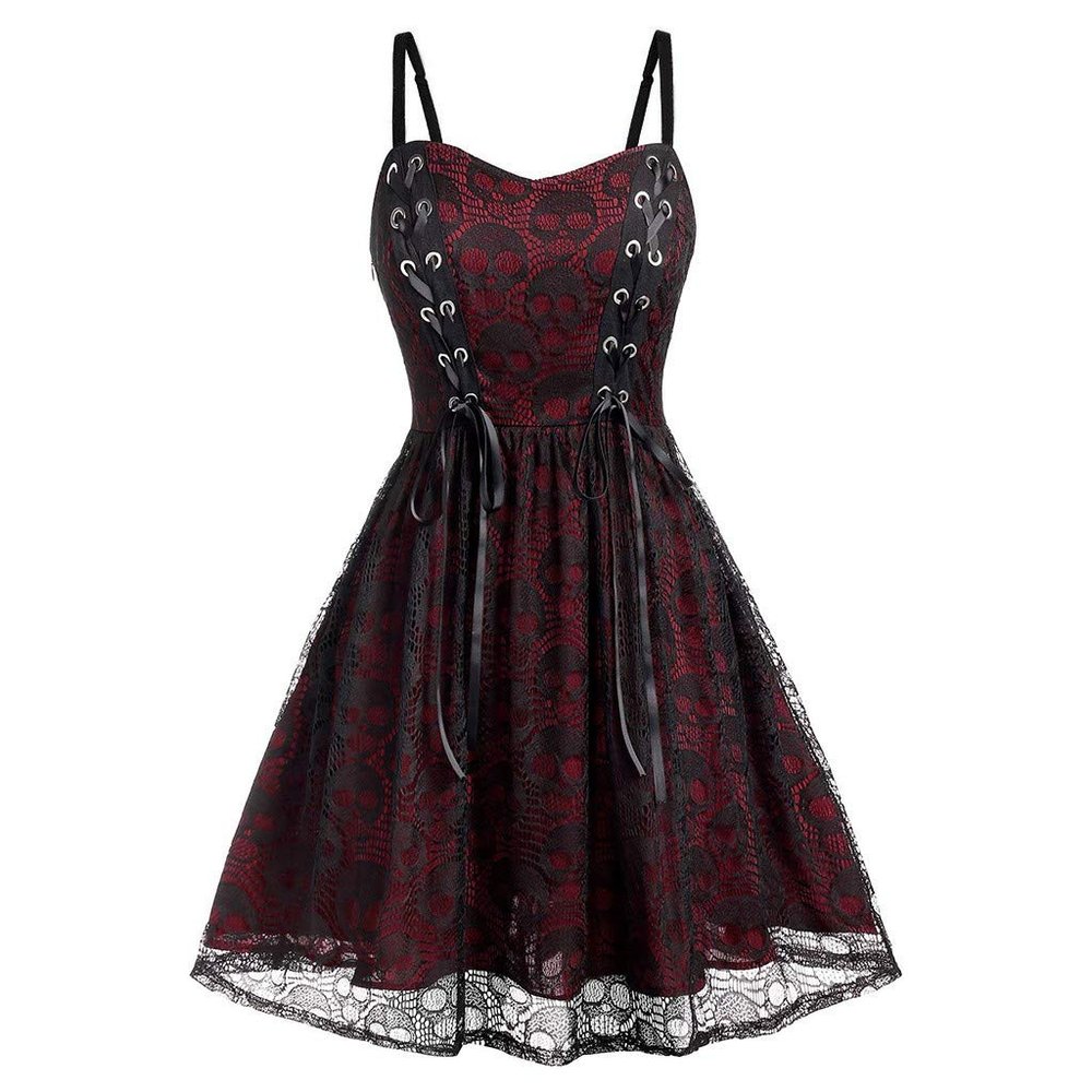 Women's Sleeveless Punk Dresses Camisole Skull Print Lace Swing Dress Halloween Spaghetti Strap Steampunk Dress Goth Clothes Wine