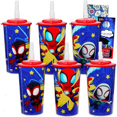 Marvel Spidey 16oz Reusable Tumbler Cups ~ 6pc Bundle Spidey and his Amazing Friends Cups with Straws Plus Stickers for Boys and Girls | Spiderman Tumbler with Straw