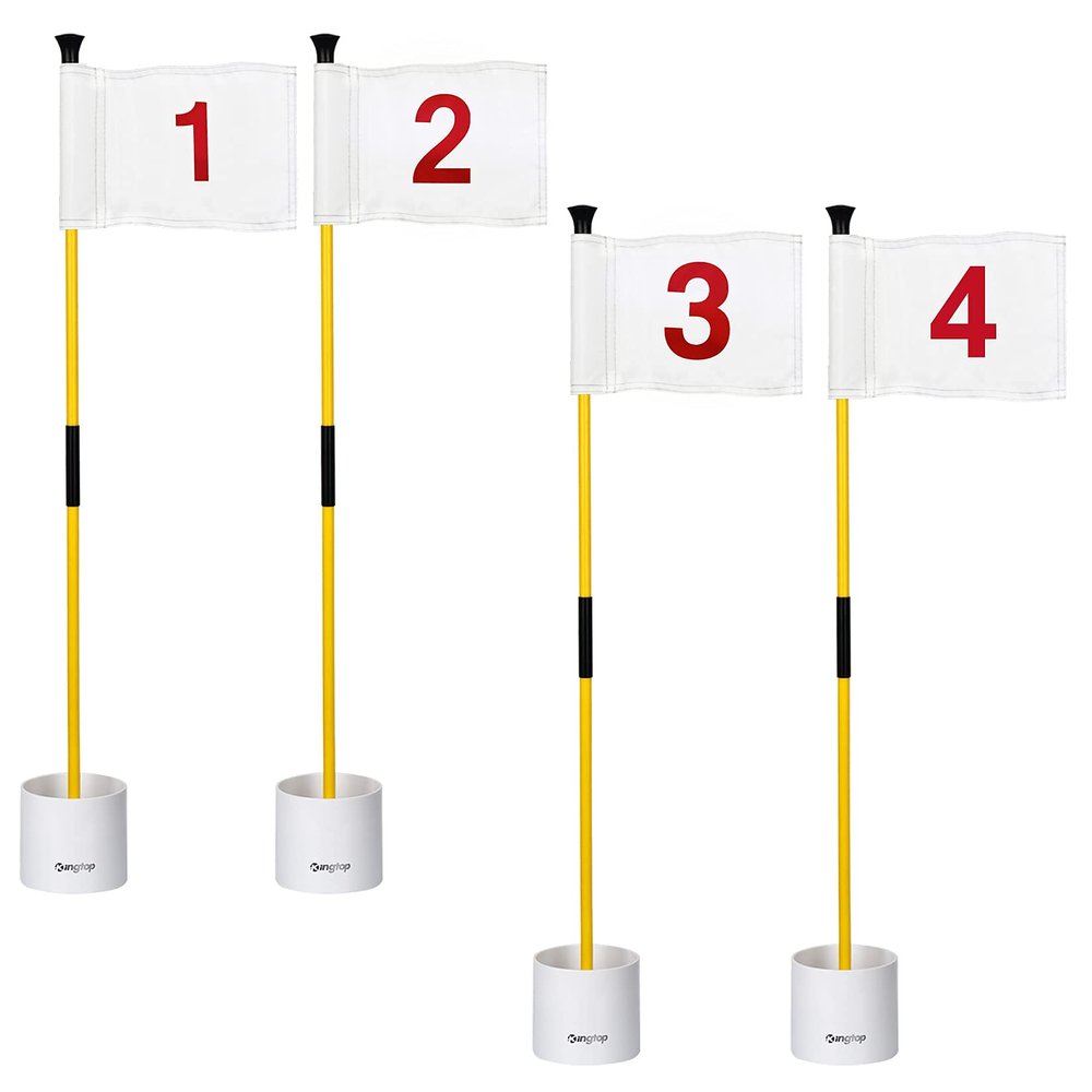 KINGTOP Golf Flagstick Mini, Putting Green Flags for Yard, 4inch Hole Cup, 8" by 6" Golf Flag, 3 Feet Yellow Flagpole, 2-Section Design, Numbered# 1-4