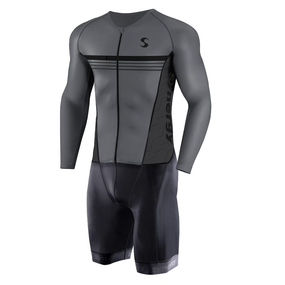Synergy Men's Trisuit - Pro Thermal Long Sleeve Cycling Skinsuit (Medium, Gunmetal)