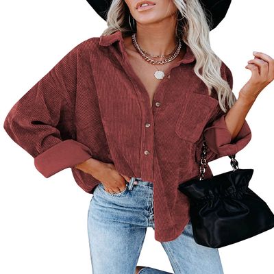 Flygo Women's Collared Oversized Long Sleeve Button Down Flannel Corduroy Shirt Jacket (Wine Red, Small)