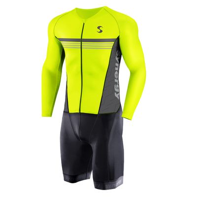 Synergy Men's Trisuit - Pro Thermal Long Sleeve Cycling Skinsuit (X-Large, Neon Lime/Steel)