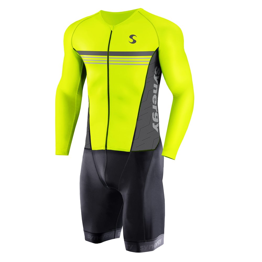 Synergy Men's Trisuit - Pro Thermal Long Sleeve Cycling Skinsuit (X-Large, Neon Lime/Steel)