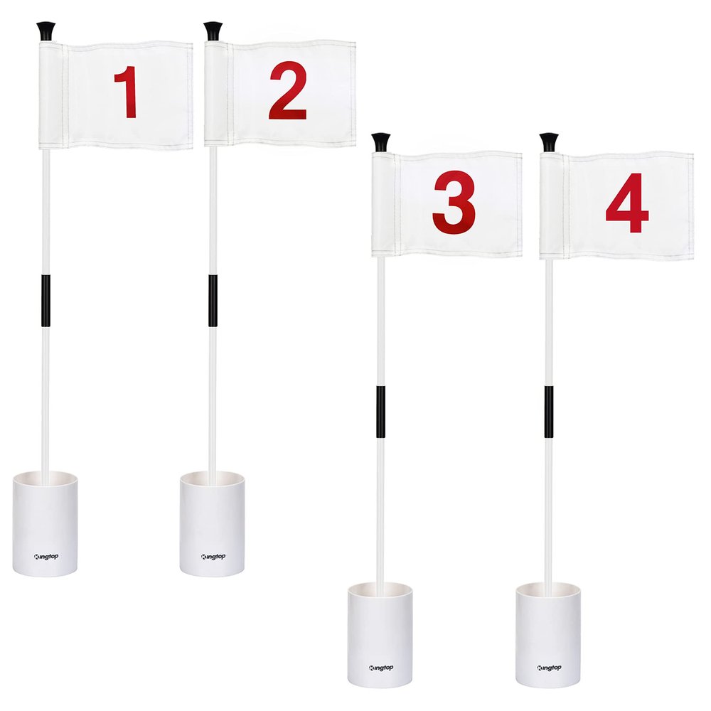 KINGTOP Golf Flagsticks Mini, Putting Green Flags for Yard, 8" by 6" Golf Flag, 6 inches Hole Cup, 3 Feet Yellow Flagpole, 2-Section Design, White Numbered# 1-4