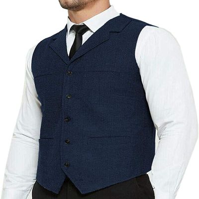 Profan Men's Casual Business Vests Lightweight Herringbone Tweed Waistcoat Slim Fit Suit Vest(Navy,Large)