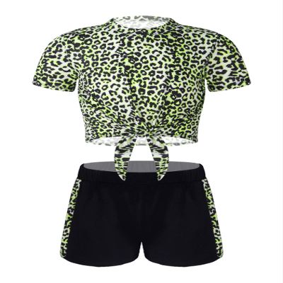 renvena Girl Leopard 2 Piece Athletic Suits Strappy Short T-Shirt with Booty Shorts Dance Gymnastic Outfits Chartreuse Leopard 14