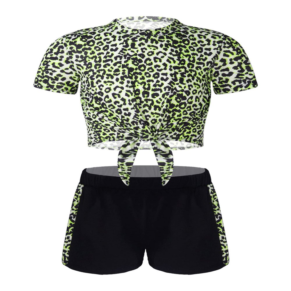 renvena Girl Leopard 2 Piece Athletic Suits Strappy Short T-Shirt with Booty Shorts Dance Gymnastic Outfits Chartreuse Leopard 14
