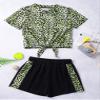 renvena Girl Leopard 2 Piece Athletic Suits Strappy Short T-Shirt with Booty Shorts Dance Gymnastic Outfits Chartreuse Leopard 14 view 3