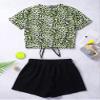renvena Girl Leopard 2 Piece Athletic Suits Strappy Short T-Shirt with Booty Shorts Dance Gymnastic Outfits Chartreuse Leopard 14 view 4