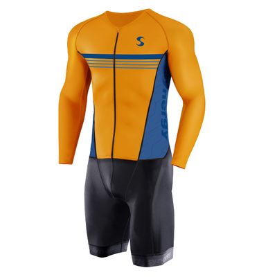 Synergy Men's Trisuit - Pro Thermal Long Sleeve Cycling Skinsuit (X-Large, Neon Tangerine/Sky)