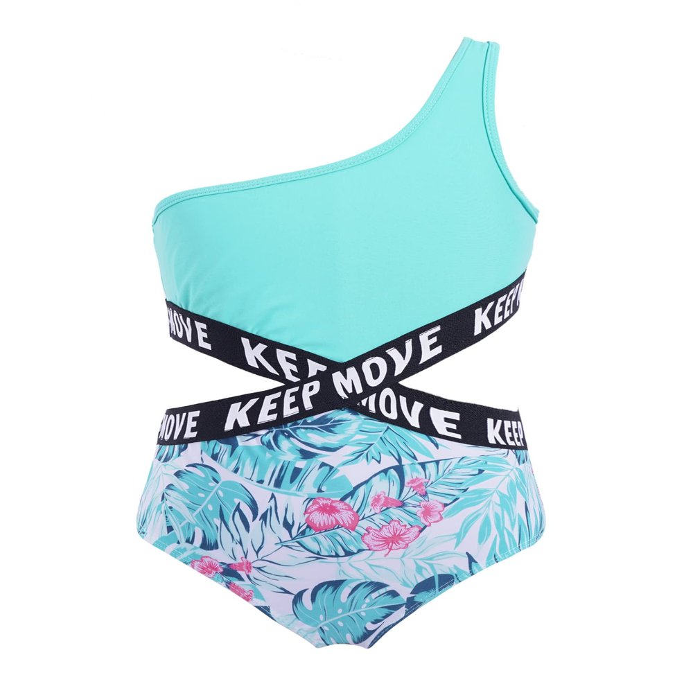 Hedmy Kid Girls One Piece Athletic Swimsuits One Shoulder Cutout Monokini Swimwear Bikini Bathing Suits Tropical Leaves 10 Years