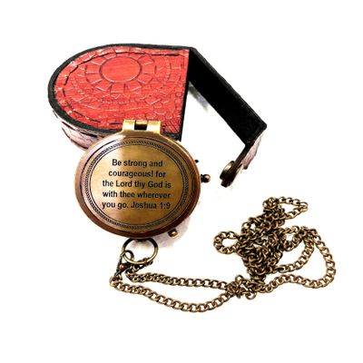 Antique Nautical Vintage Directional Magnetic Compass with Famous Scripture Quote Engraved Baptism Gifts with Leather Case