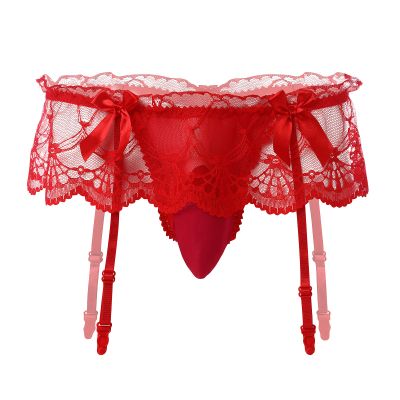 Floral Lace Sissy Pouch Panties Men Mesh Sheer Transparent Thong G-String Crossdress Lingerie Underwear with Garters Belts Straps See through Bikini Briefs Girly Shorts Hipster Underpant Red One Size
