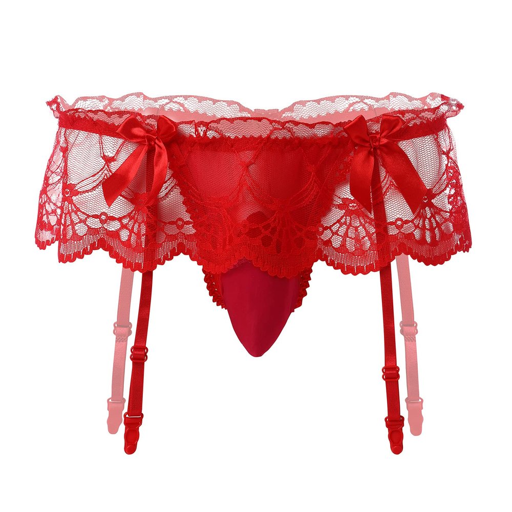 Floral Lace Sissy Pouch Panties Men Mesh Sheer Transparent Thong G-String Crossdress Lingerie Underwear with Garters Belts Straps See through Bikini Briefs Girly Shorts Hipster Underpant Red One Size