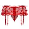 Floral Lace Sissy Pouch Panties Men Mesh Sheer Transparent Thong G-String Crossdress Lingerie Underwear with Garters Belts Straps See through Bikini Briefs Girly Shorts Hipster Underpant Red One Size view 3