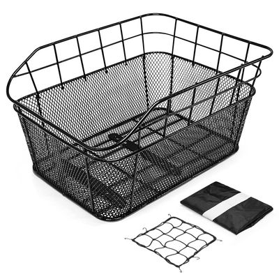 ANZOME Rear Bike Basket for E-Bikes & Bicycles - 20L Large Metal Wire Cargo Crate for Groceries, Backpack & Pets - Universal Dual-Mount (Screw Kits + Heavy-Duty Ties) with Bungee Net & Rain Liner