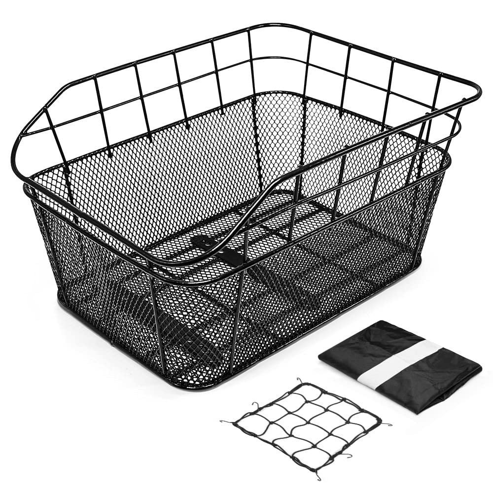 ANZOME Rear Bike Basket for E-Bikes & Bicycles - 20L Large Metal Wire Cargo Crate for Groceries, Backpack & Pets - Universal Dual-Mount (Screw Kits + Heavy-Duty Ties) with Bungee Net & Rain Liner
